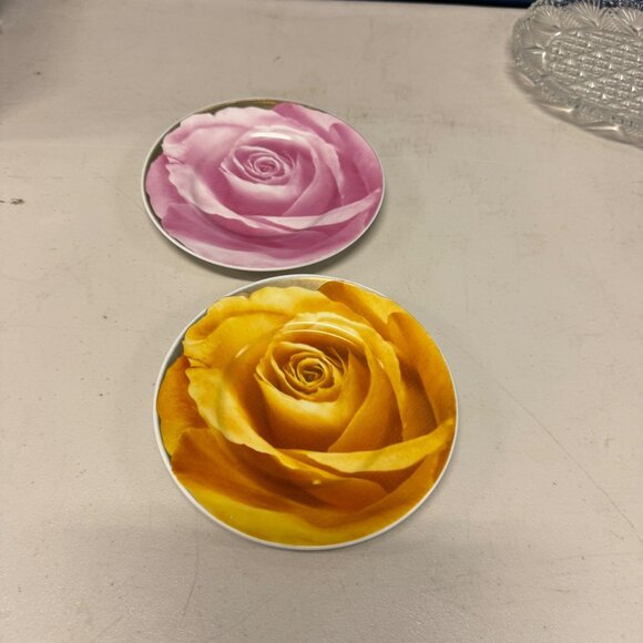 Classic Coffee Design By Yedi Floral Rose Pattern Ceramic Saucer Plates Pink & Y - Picture 1 of 4
